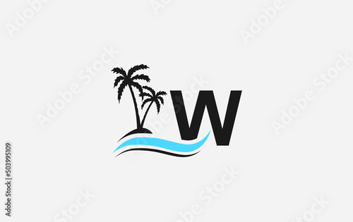 Nature water wave and beach tree vector logo design with the letter and alphabet W
