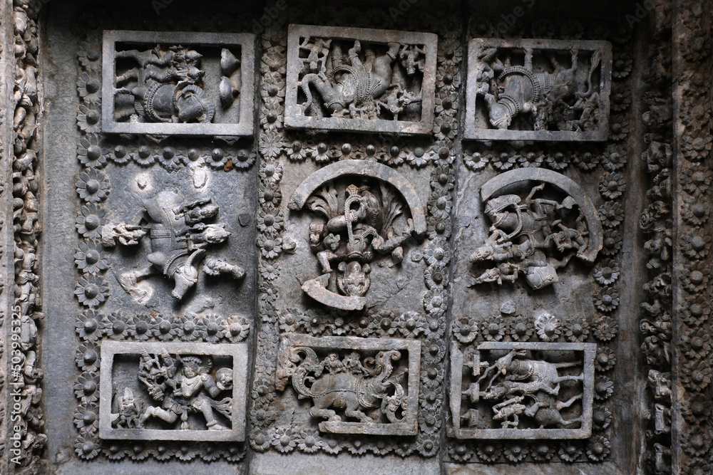 Sculptures on the outer walls of Hoysaleswara Temple at Halebidu, the former capital of the Hoysala, Karnataka.