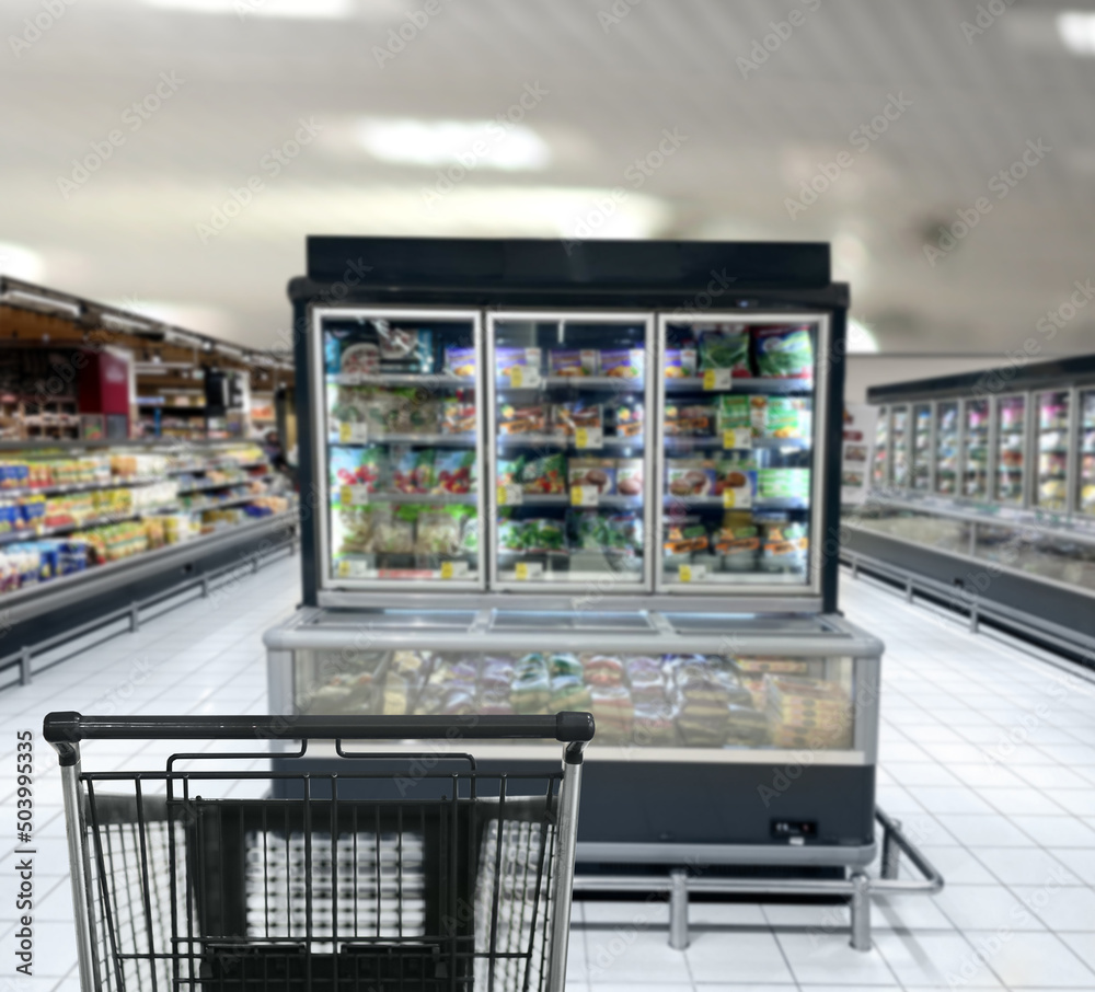 choosing a dairy products at supermarket.empty grocery cart in an empty supermarket