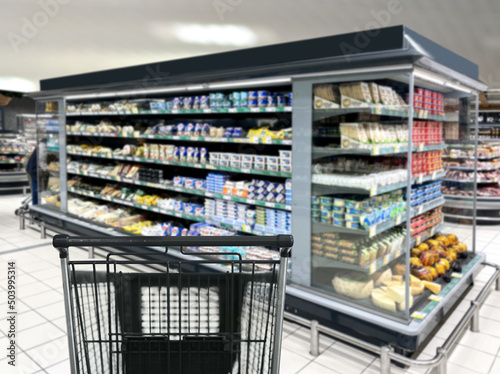 choosing a dairy products at supermarket.empty grocery cart in an empty supermarket