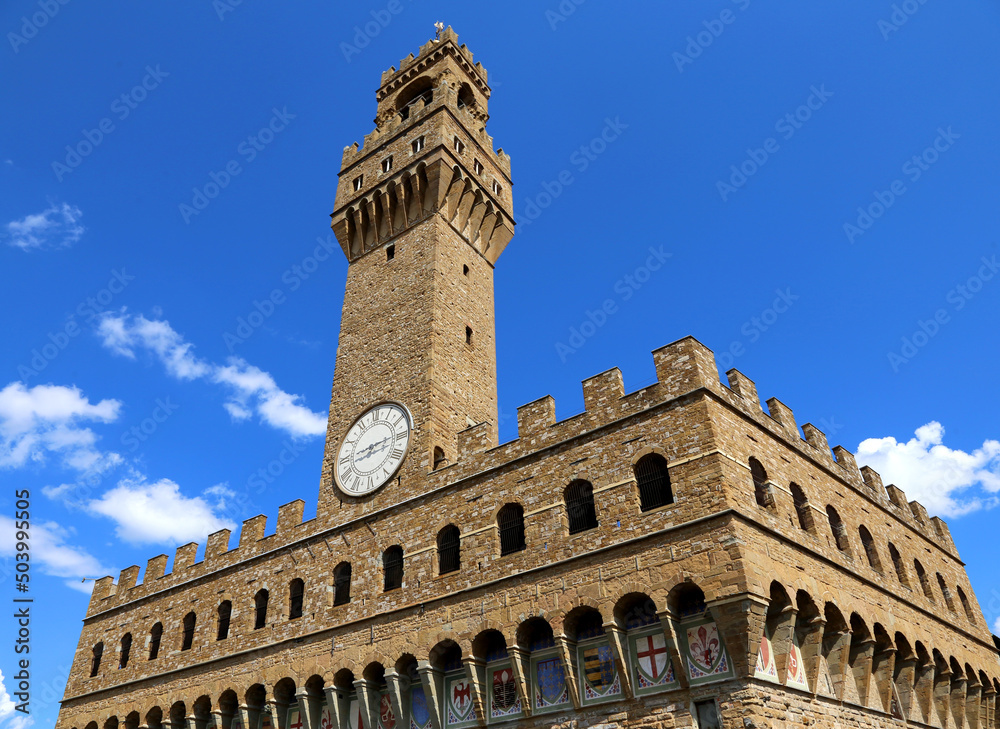Tower of the Old Palace called PALAZZO VECCHIO in Italian langauge Florence city in Italy in Europe