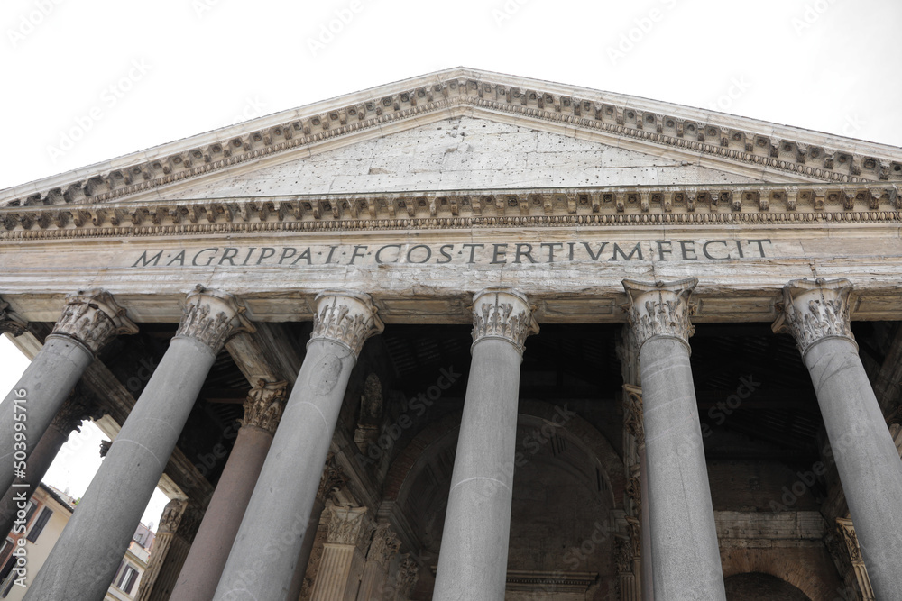 Pantheon with latin roman text  that means Marco Agrippa son of Lucio consul for the third time built in Rome Italy