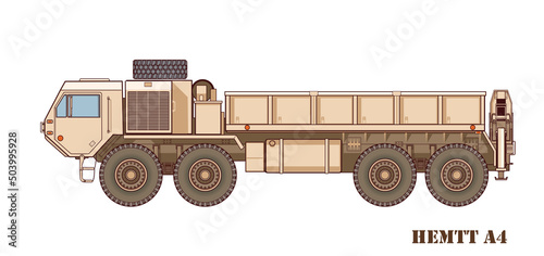 Huge military truck - HEMTT A4 isolated on white. Vector illustration.