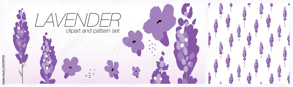Lavender abstract clipart and simple seamless pattern set. Isolated veCtor graphic under mask.