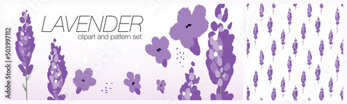 Lavender abstract clipart and simple seamless pattern set. Isolated veCtor graphic under mask.