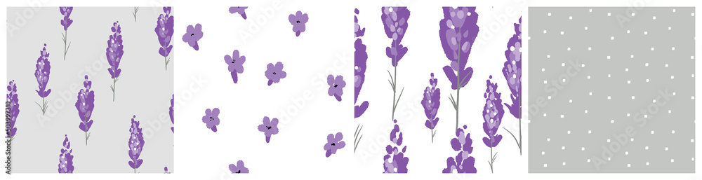 Romantic Provence lavender seamless pattern set with cute hand drawn designs. Feminine vector background, bedding textile or wallpaper collecton.