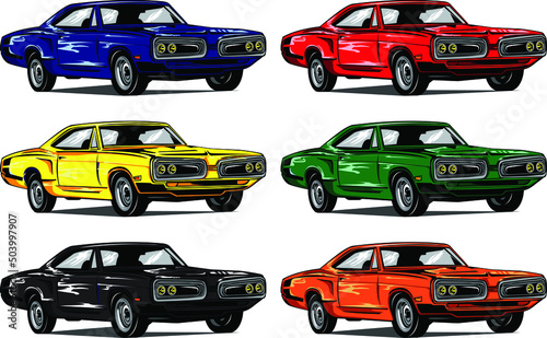 isolated vehicle vector colorful icons set, flat illustrations of vintage muscle various type car.