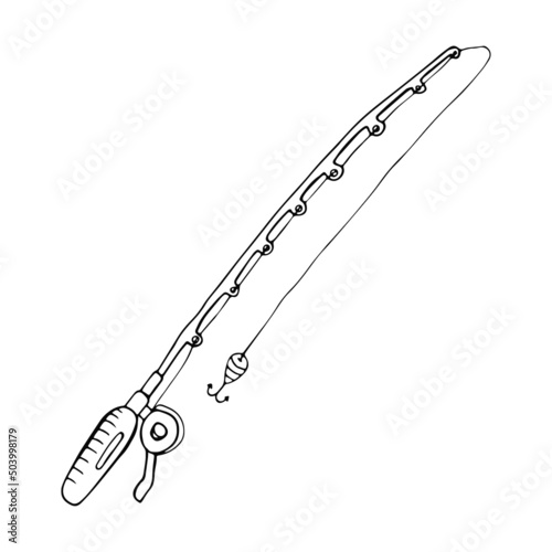 Fishing rod sketch doodle illustration, fish rod outline drawn sketch isolated on white background