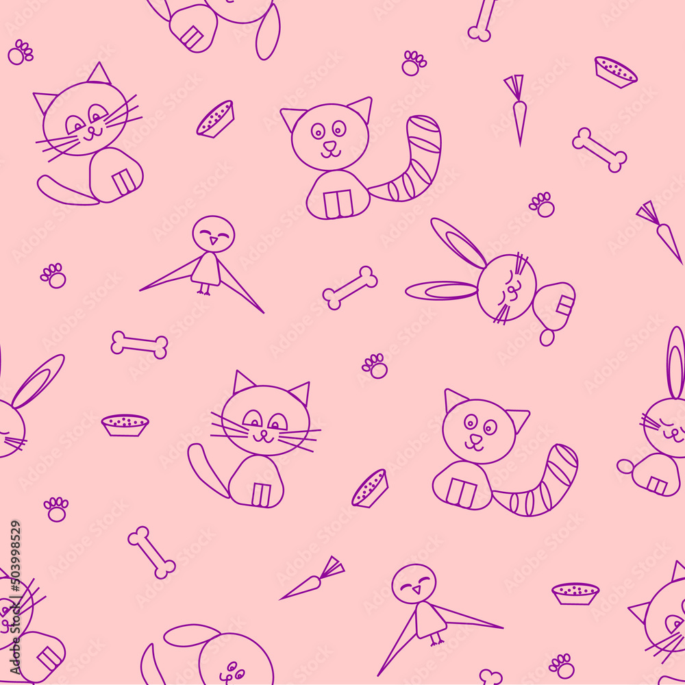 seamless pattern with animals, pets, cat, dog, bird, raccoon, hare, rabbit, bone, bowl, food, carrot, paw, drawing, illustration, background, wallpaper, cute, pink background seamless pattern with animals, pets, cat, dog, bird, raccoon, hare, rabbit, bone, bowl, food, carrot, paw, drawing, illustration, background, wallpaper, cute, pink background