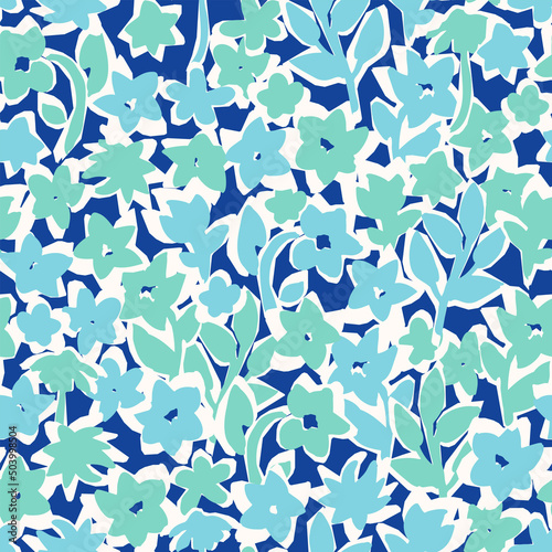 Botanical vector background with painted flowers. Hand drawn, floral seamless pattern. Craftdrawn retro styled small scaled fashion print for fabric, paper, home textile and goods