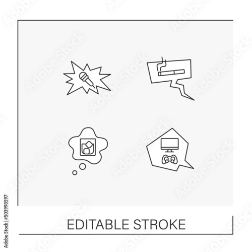 Dreams line icons set. Reflections about travelling, toys, perfect gifts and celebration. Thought concepts. Isolated vector illustrations. Editable stroke