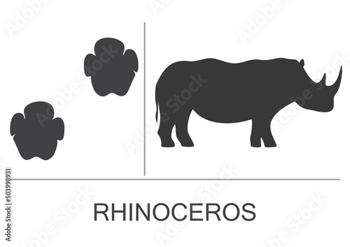 Silhouette and footprints of a rhinoceros. Vector illustration isolated on white background.
