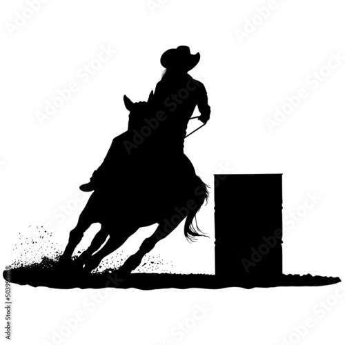 A vector silhouette of a rodeo cowgirl barrel racing.