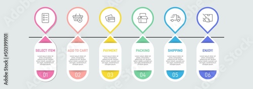 Concept of shopping process with 6 successive steps. Six colorful graphic elements. Timeline design for brochure, presentation, web site. Infographic design layout.