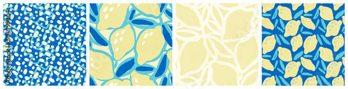 Lemon fruit seamless pattern set with citrus garden coordinating designs. Trendy colorful yellow and blue kitchen textile collection.