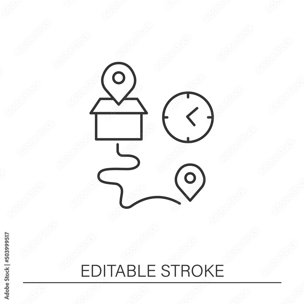  Business line icon. Tracking parcels. Map. Navigation. Inventory tracking concept. Isolated vector illustration. Editable stroke