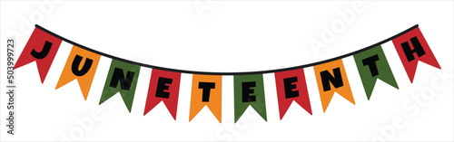 Cute festive flags bunting with word Juneteenth - traditional African American freedom, emancipation day holiday. Vector clip art design element decoration isolated