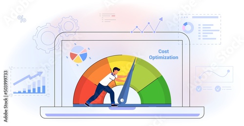 Cost optimization Idea balance Costs reduction strategy concept Isolated flat vector illustration web banner, landing page Marketing campaign management Control falling rate profit Decrease Minimising