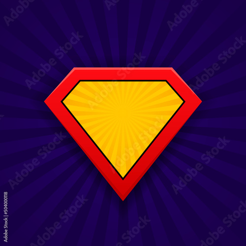 Superhero shield isolated on blue backdrop in retro comic style. Cartoon retro backdrop with rays for comic superhero text. Vector illustration