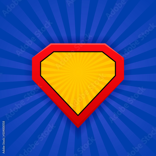 Superhero shield isolated on blue backdrop in retro comic style. Cartoon retro backdrop with rays for comic superhero text. Vector illustration