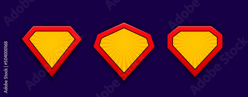 Set superhero shield in retro comic style. Superhero logo isolated on blue backdrop. Vector illustration