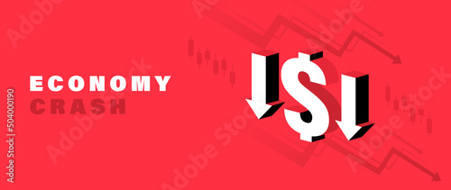 Economy crash concept. Down trend with arrows isolated on red background. Stock exchange concept. Falling stock market or fall of economy. Trader falling profits. Vector illustration