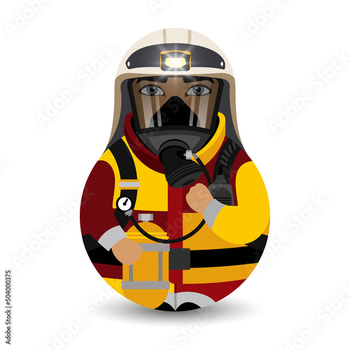 Fireman. A man in a fire suit and helmet breathes through a gas mask. Modern kawaii dolls for your business project. Flat vector illustration. photo