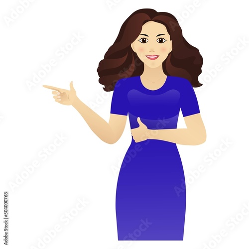 Young woman standing smiling and showing something with her hands. A beautiful girl presents something and approves with her hands. Female character isolated in cartoon style. Vector illustration.