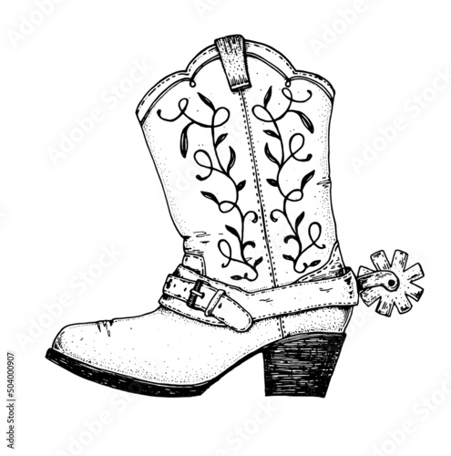Cowboy boot sketch. Hand drawn vector illustration. Wild west design element.