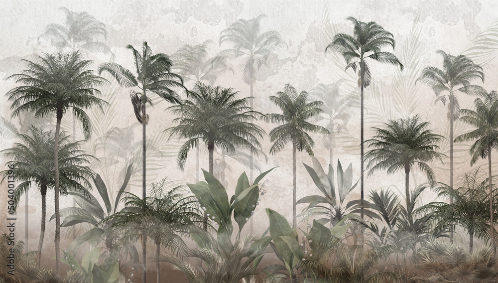 Tropical palm leaves. Mural, Wallpaper for internal printing. 3D illustration
 - obrazy, fototapety, plakaty 