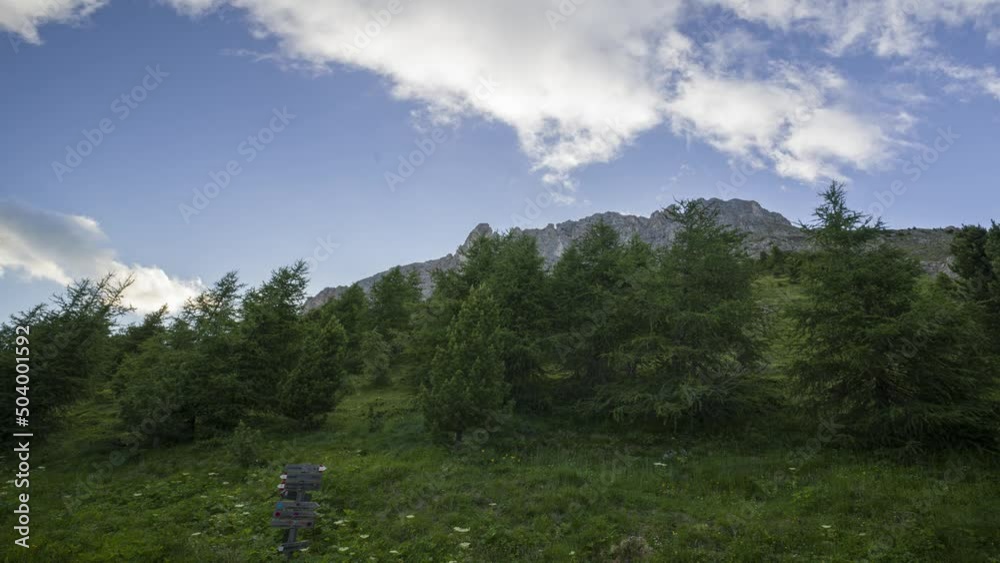 Timelapse of fast moving clouds over a mountain and some pine trees, Italy, Europe Timelapse of fast moving clouds over a mountain and some pine trees, Italy, Europe