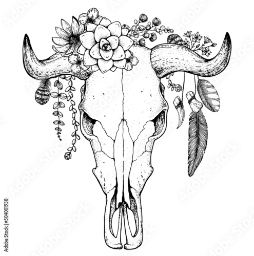 Buffalo Skull and flowers sketch. Hand drawn illustration. Wild west print. Vector illustration. Tattoo vintage print. Buffalo Skull and floral bouquet. T-shirt design.