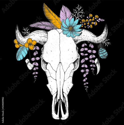 Buffalo Skull and flowers sketch. Hand drawn illustration. Wild west print. Vector illustration. Tattoo vintage print. Buffalo Skull and floral bouquet. T-shirt design.