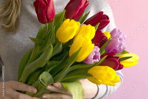 Wallpaper Mural Woman's hand with a bouquet of yellow, red and purple tulips on pink background Torontodigital.ca