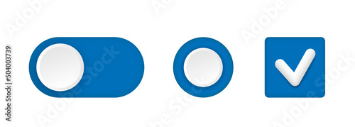 User interface design elements. Toggle button, Radio button and Checkbox. Vector set isolated on white background.
