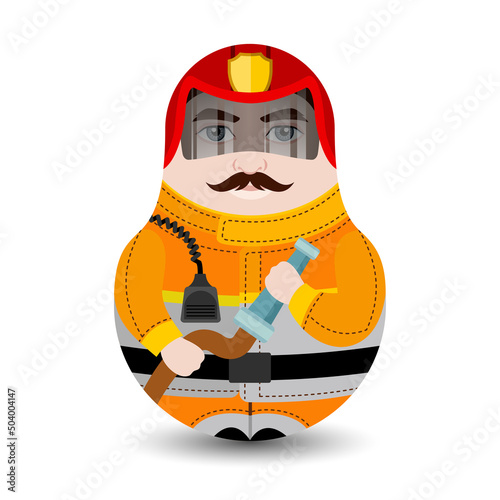 A man in a fireproof yellow suit, fire helmet with protective glass holds a fire hose. Fireman. Modern kawaii dolls for your business project. Flat vector illustration.