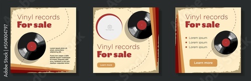Vinyl records store social media post, banner set, vintage lp record advertisement concept, retro music album shop marketing square ad, abstract print, isolated on background