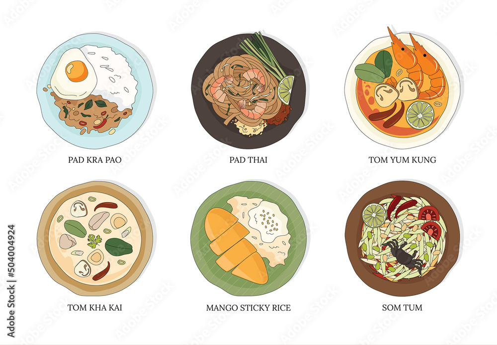 Thai Food Illustrations Pad Thai Mango Sticky Rice Stock Template ...