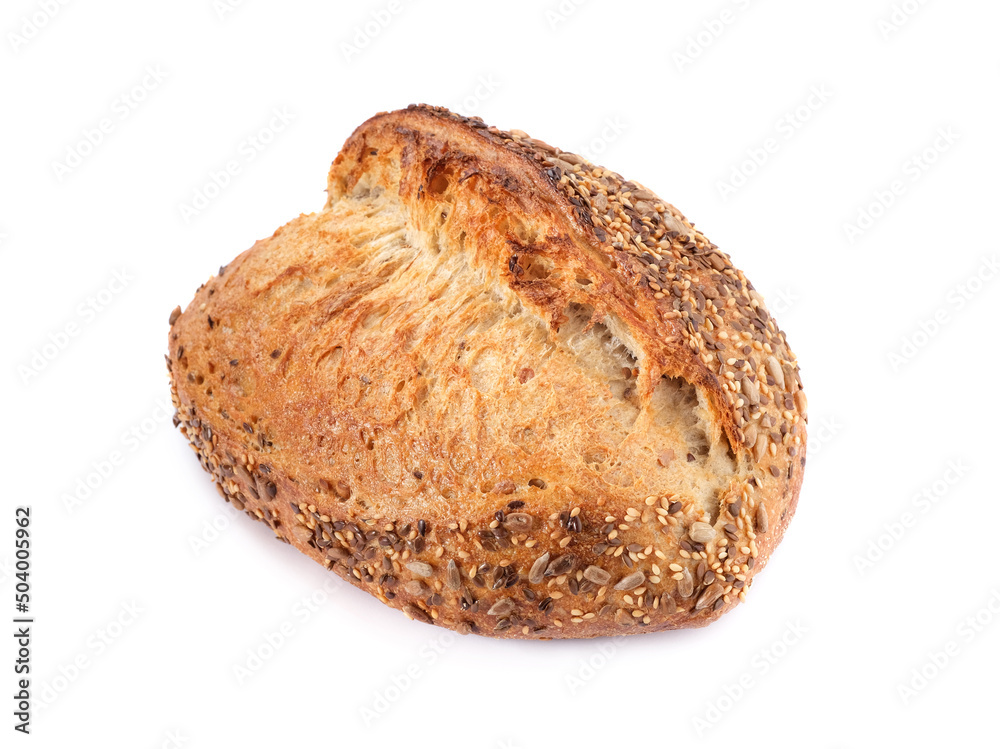 Organic sourdough bread with sunflower seeds, sesame and flax on a white background. Healthy bread recipe Organic sourdough bread with sunflower seeds, sesame and flax on a white background. Healthy bread recipe