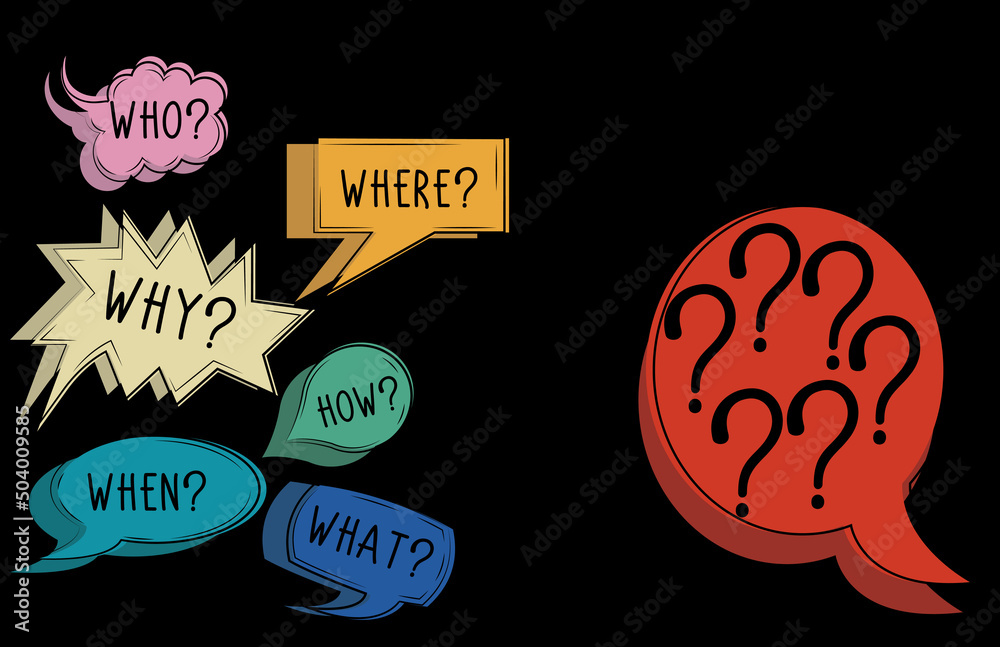 Vector isolated colourful speech bubble with text WHO WHAT WHERE WHEN ...