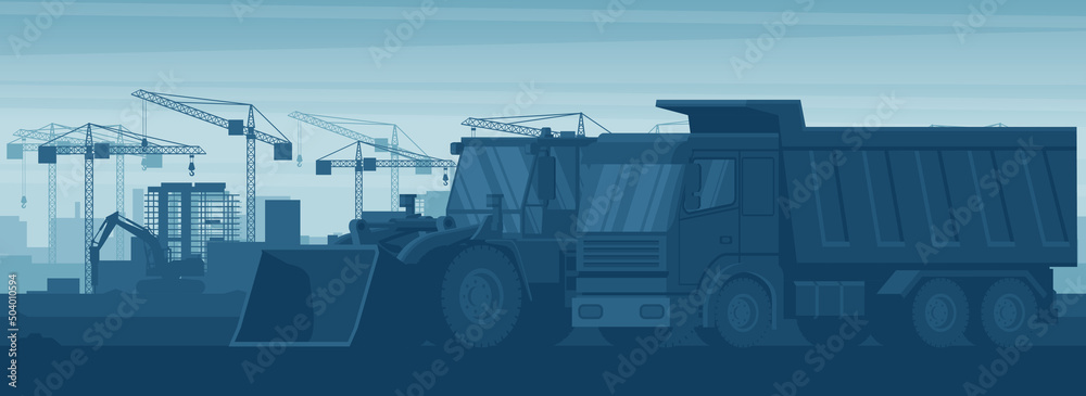 Panoramic view background of heavy machinery such as dump truck, front loader, hammer excavator working in the building construction industry in a city Panoramic view background of heavy machinery such as dump truck, front loader, hammer excavator working in the building construction industry in a city