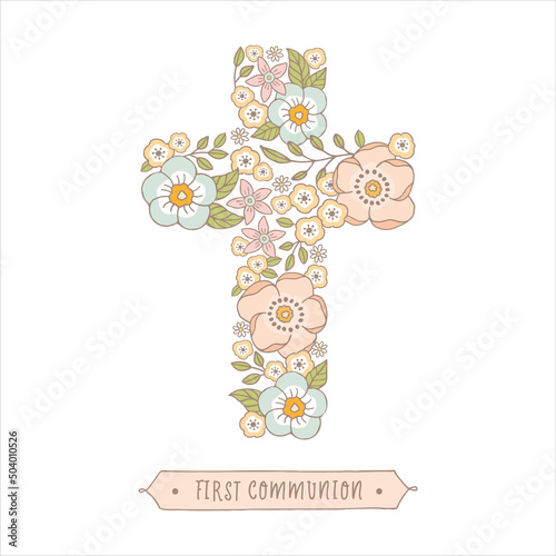 Fotografia Catholic Christian Cross with flowers and leaves inside, First Communion cross,