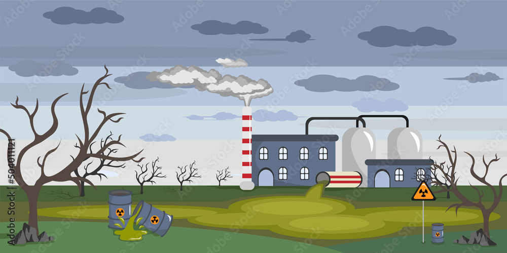Vector illustration of a terrible ecology pollution. Cartoon illustration of ecology problems with factory pipes emitting smoke and making dirty air, water and chemicals polluted the environment.