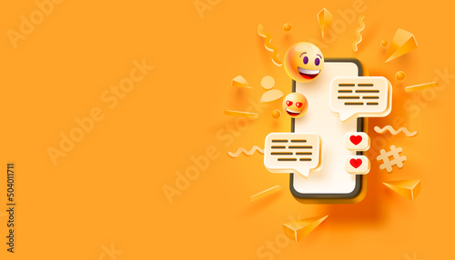 Smart phone message chat, like social people, web banner background. Vector