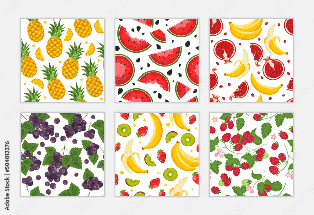 Set of modern fruits seamless patterns. Perfect for fabric, textile, print or wrapping. Vector illustration.