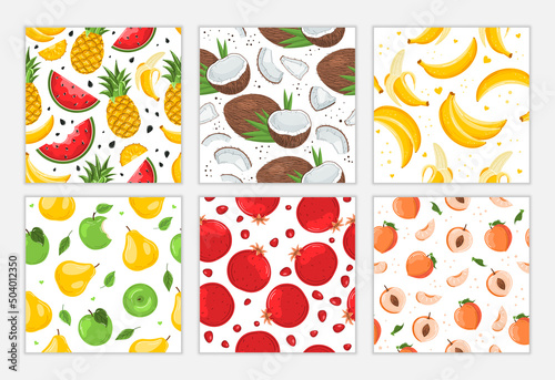 Set of modern fruits seamless patterns. Perfect for fabric, textile, print or wrapping. Vector illustration.