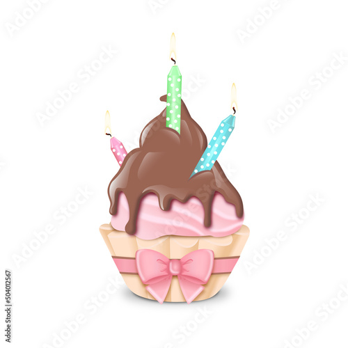 Cake cupcake with chocolate and cream in a bow with colored candles for a birthday