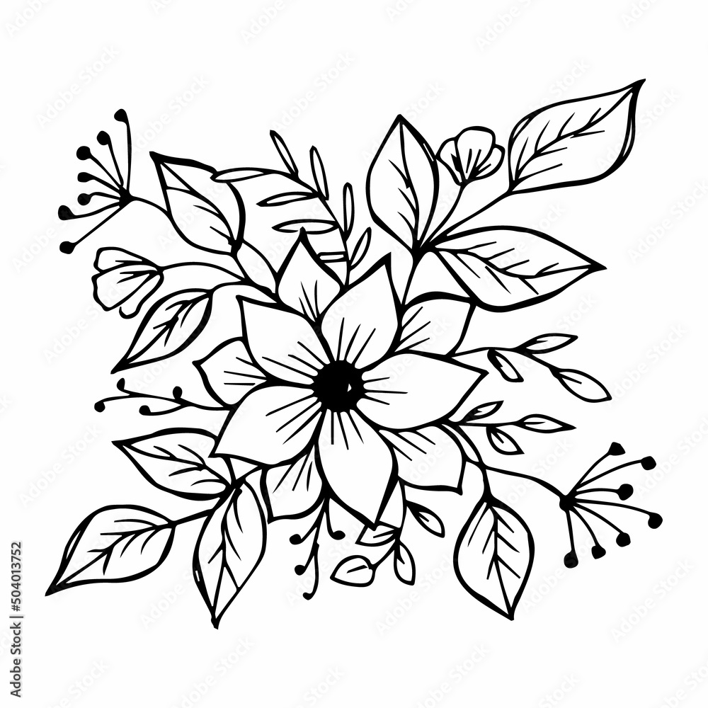 Hand drawn flower bouquet arrangement in black and white color doodle or sketch style. Postcard, invitation, greeting card, coloring book page. Hand drawn flower bouquet arrangement in black and white color doodle or sketch style. Postcard, invitation, greeting card, coloring book page.