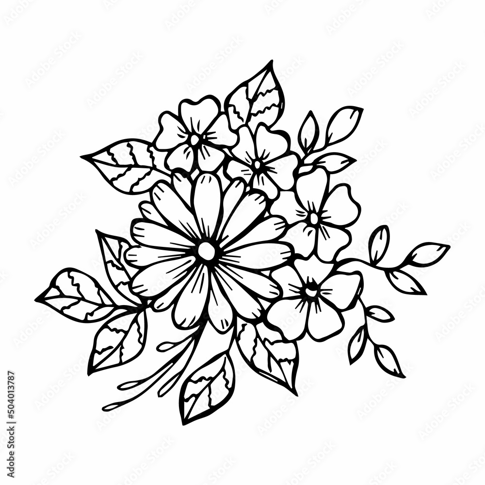 Hand drawn flower bouquet arrangement in black and white color doodle or sketch style. Postcard, invitation, greeting card, coloring book page. Hand drawn flower bouquet arrangement in black and white color doodle or sketch style. Postcard, invitation, greeting card, coloring book page.