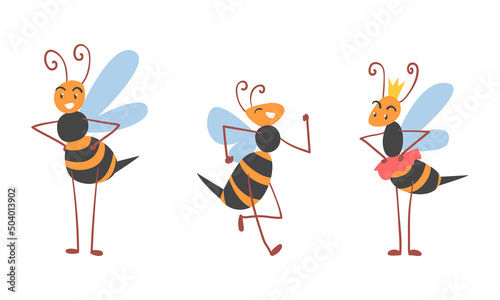 Cute Honey Bee with Antenna and Striped Body Standing and Running Vector Set